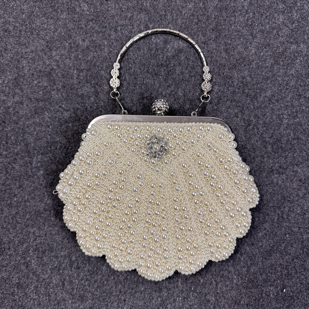 Women's Faux Pearl Beaded Evening Clutch Rhinestone Kiss Lock Handbag